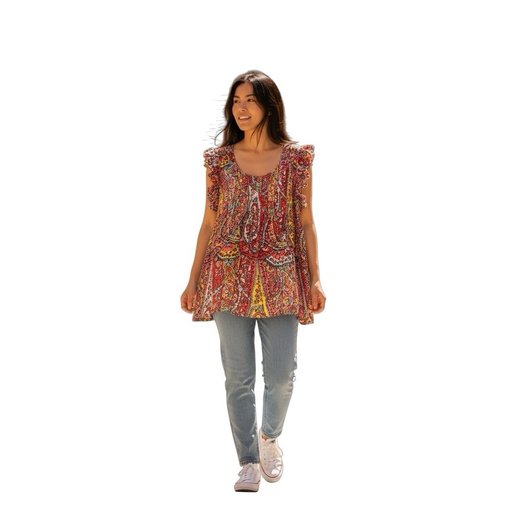 Joie Sheer Silk Paisley‎ Ruffle Sleeve Boho Blouse Top M Multicolor